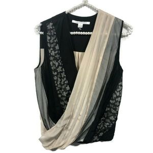 Diane Von Furstenberg Blouse Sz 4 Black Cream